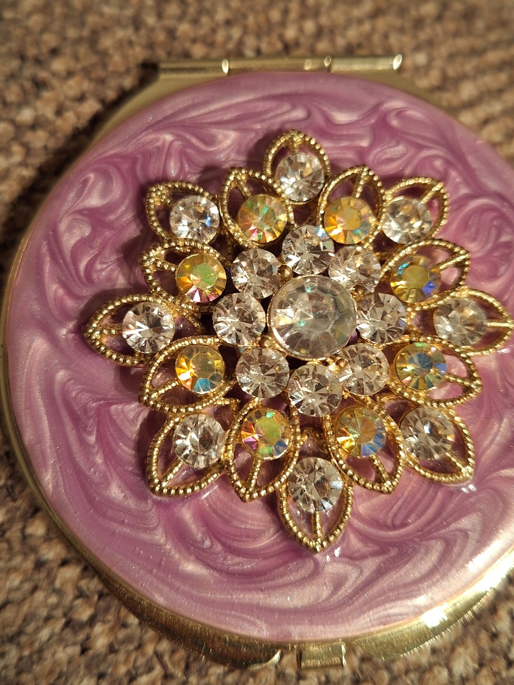 Vintage Gold Crystal Flower Compact Mirror in Purple